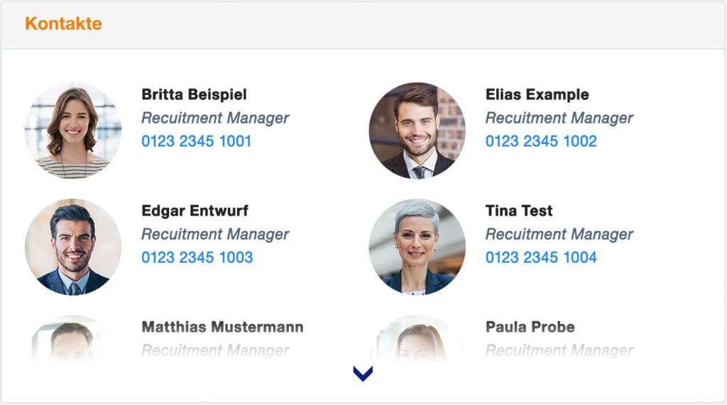 Example of a view of contacts with profile pictures, names, job title and phone number
