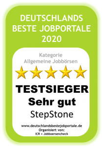 StepStone ist Testsieger: Deutschlands beste Jobportale 2020 in der Kategorie "Allgemeine Jobbörsen" mit der Bewertung "Sehr gut". Organisiert von ICR und Jobboersencheck