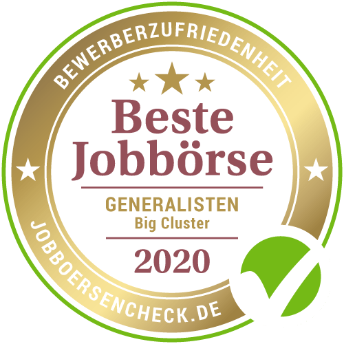 Auszeichnung an StepStone: Beste Jobbörse unter den Generalisten "Big cluster" 2020 von Jobboersencheck.de in der Bewerberzufriedenheit