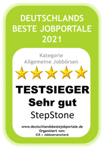StepStone ist Testsieger: Deutschlands beste Jobportale 2021 in der Kategorie "Allgemeine Jobbörsen" mit der Bewertung "Sehr gut". Organisiert von ICR und Jobboersencheck