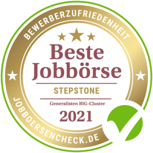 Auszeichnung an StepStone: Beste Jobbörse unter den Generalisten "Big cluster" 2021 von Jobboersencheck.de in der Bewerberzufriedenheit