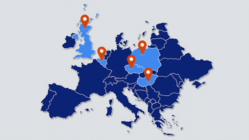 Europakarte, auf der Belgien, Deutschland, Österreich und UK ausgewählt sind.