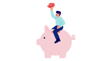Illustration: Ein Mann sitzt auf einem Sparschwein