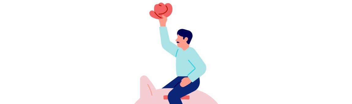 Illustration eines Mannes, der auf einem großen Sparschwein sitzt und einen Cowboy-Hut in der Hand hält