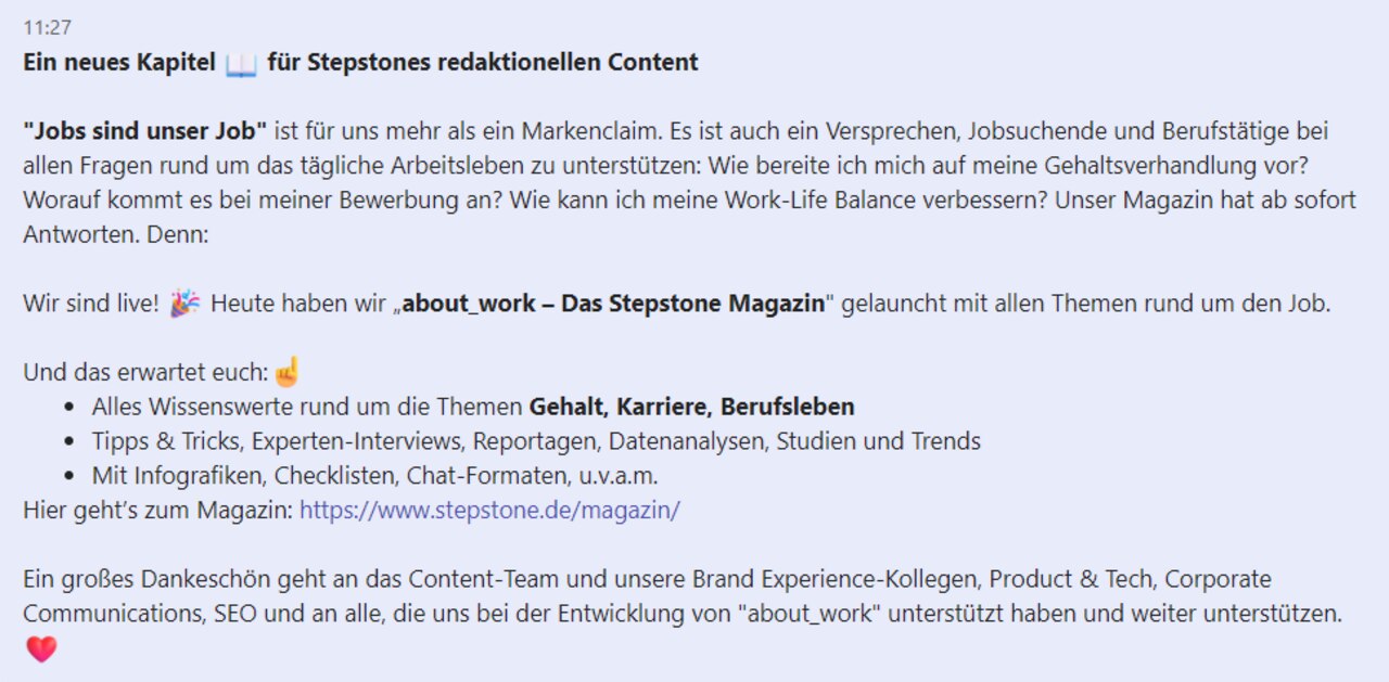 Teams-Nachricht, die formatiert ist mit Absätzen, Fettungen, Bullet Points and Emojis.