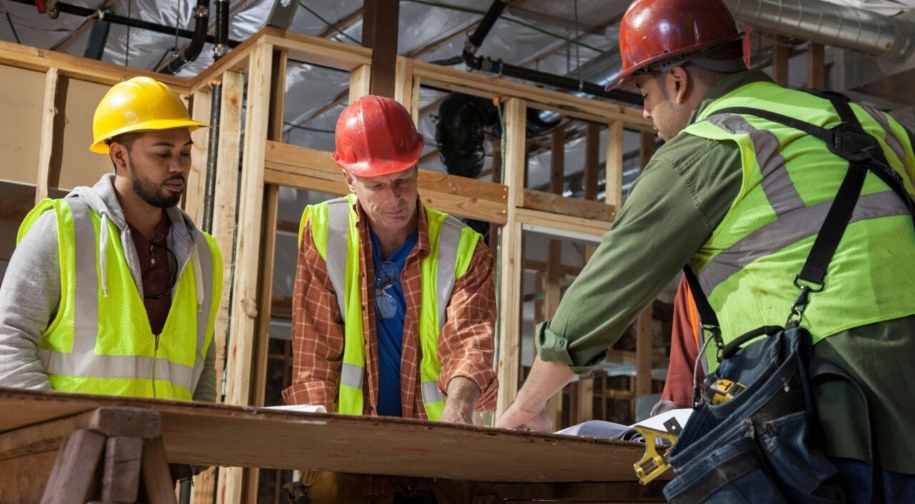 Drei Bauarbeiter besprechen Baupläne