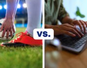 gesplittetes Bild Fußballschuhe und Laptop