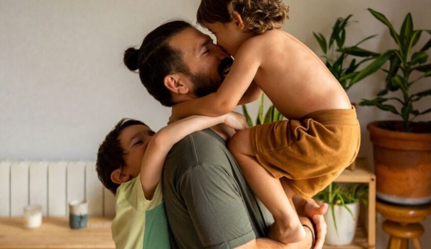 Vater spielt zu Hause mit seinen zwei Kindern