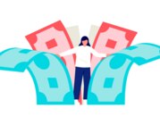 Illustration einer Frau, die zwischen überdimensional großen Geldscheinen steht