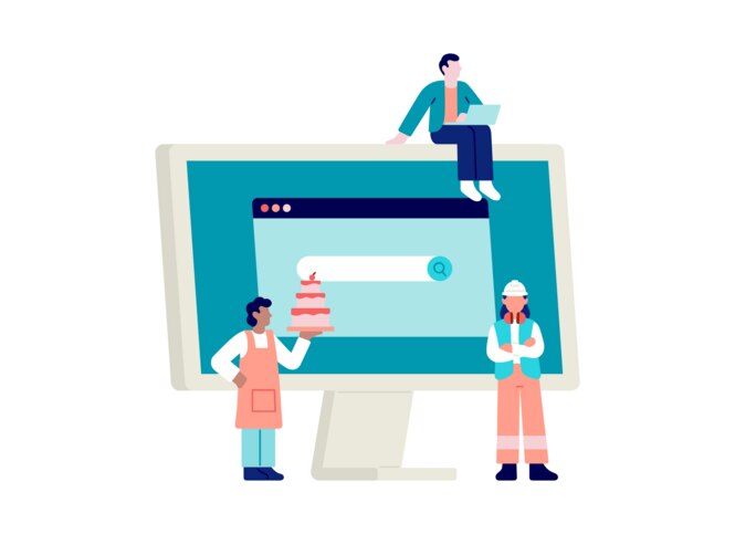 Jobs im öffentlichen Dienst Illustration von verschiedenen Berufsgruppen, die um einen überdimensional großen Bildschirm stehen