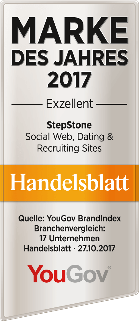 Stepstone ist zur Marke des Jahres 2017 in der Kategorie Social Web, Dating & Recruiting Sites von Handelsblatt & YouGov BrandIndex gekürt