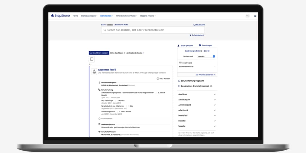 Screenshot eines Profils in DirectSearch